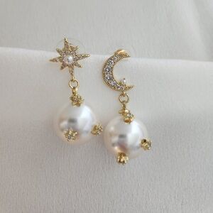 Asymmetric Faux Pearl Dangle Earrings: Rhinestone Moon and Star Studs